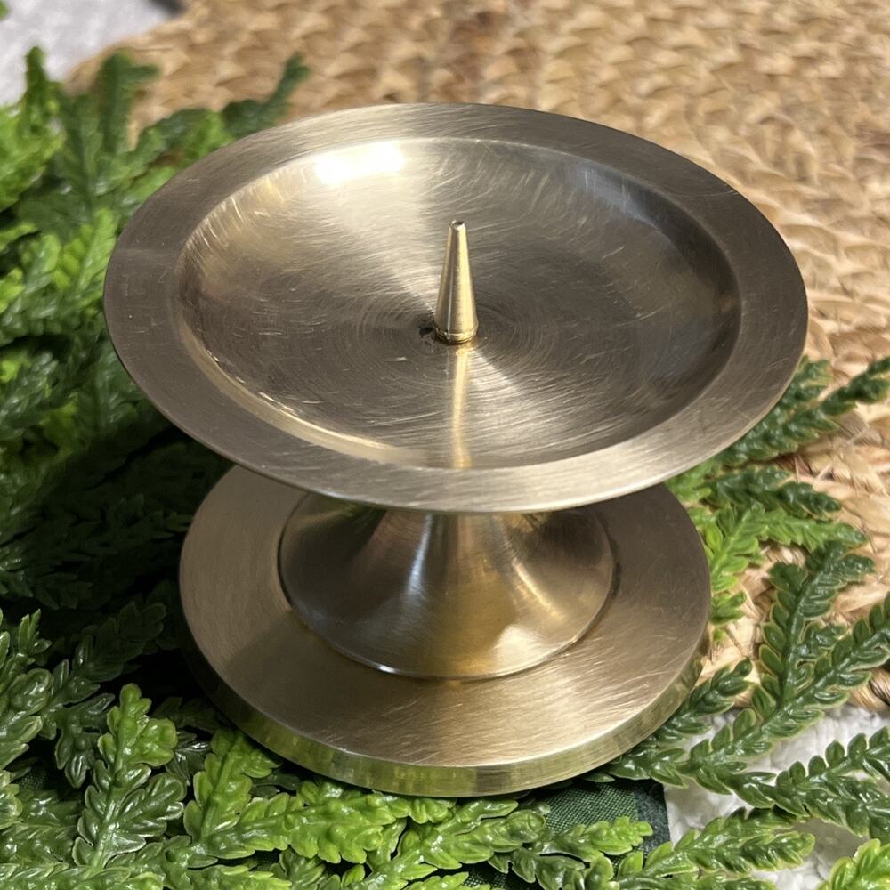 Vintage Brass Round Pillar Candle Holder Spike MCM Style Pedestal